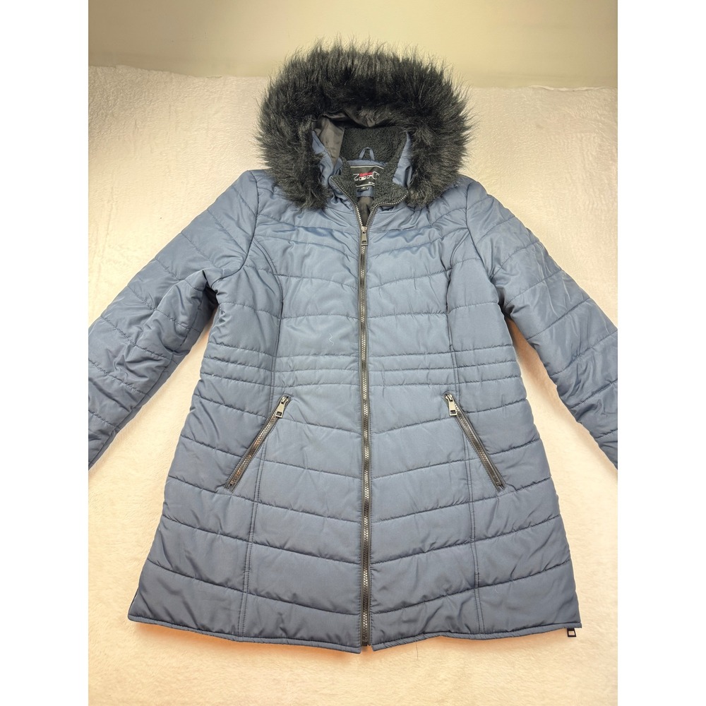 Below Zero by Rothschild Women Blue Puffer Parka Faux Fur Trim Hood XL Coat